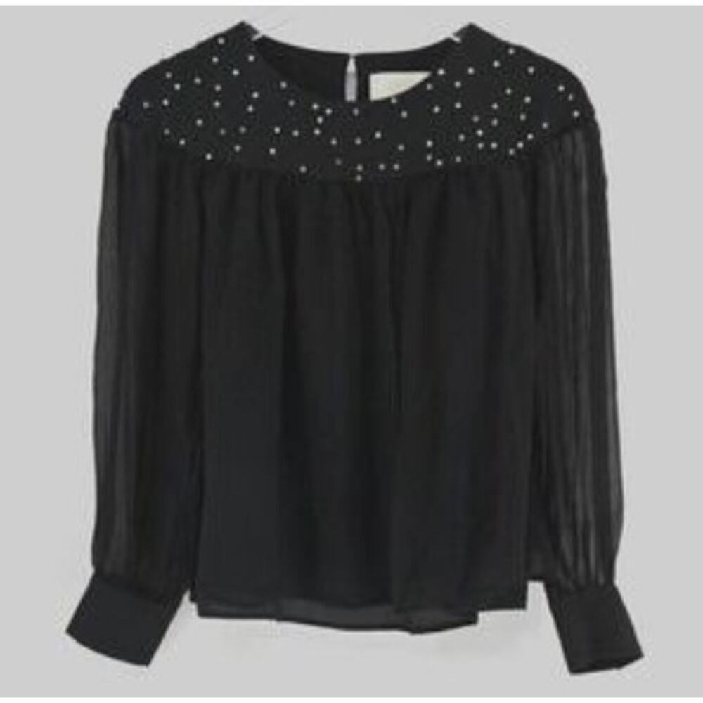 3.1 PHILLIP LIM black sheer long sleeve rhinestone embellished 100% silk top
